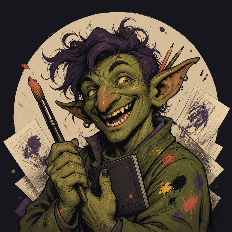 Retrato ilustrado de Bruno, con una tableta gráfica o pincel, rodeado de bocetos y dibujos a medio hacer.