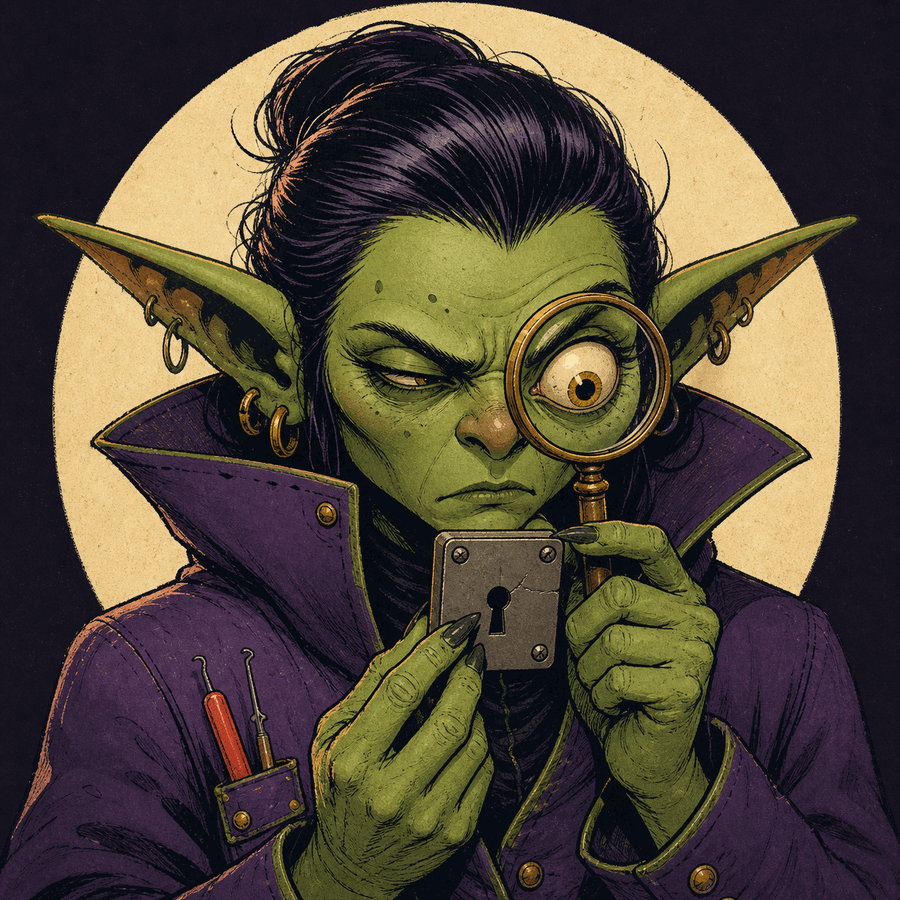 Retrato ilustrado de Elena, con una lupa o candado, revisando algo con gesto atento y desconfiado.
