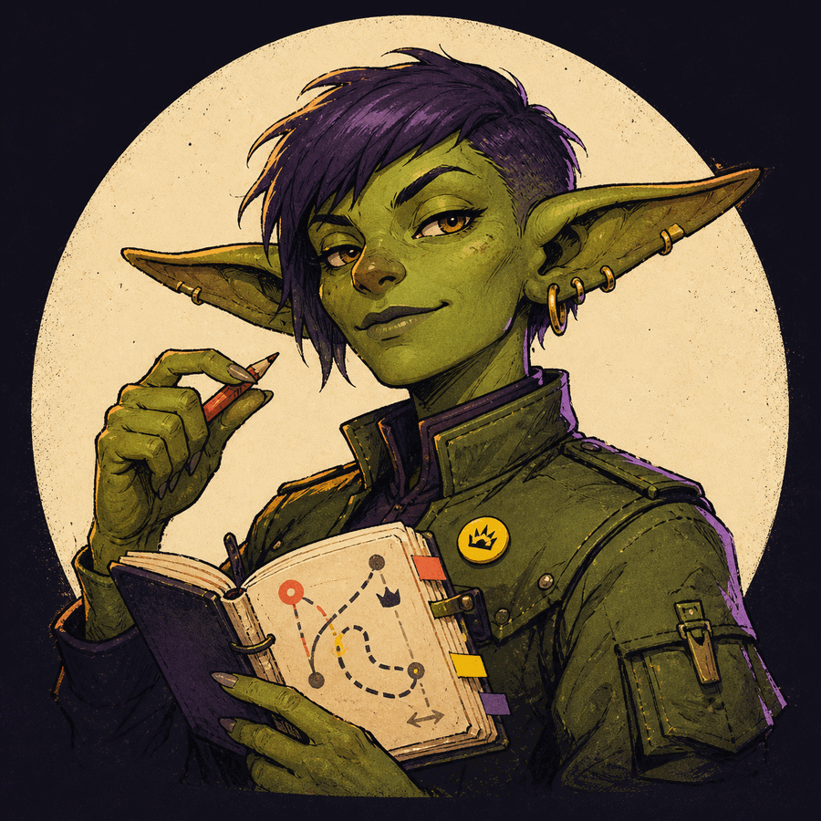 Retrato ilustrado de Nora, de pie con una libreta o panel abierto delante, en actitud de repartir tareas al resto del grupo.